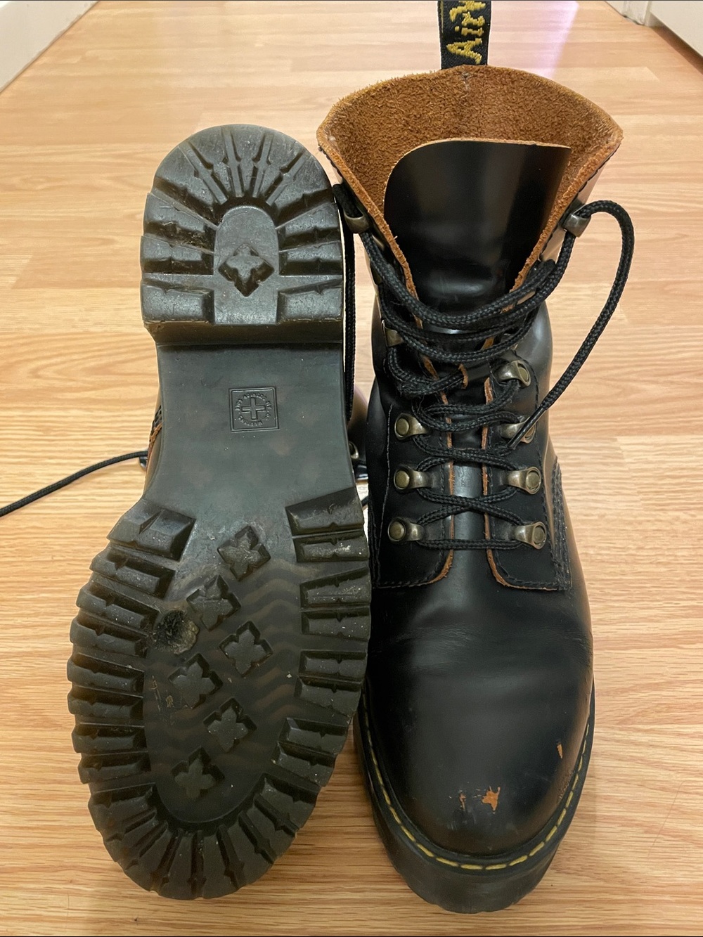 Dr. Martens Black Leather Lace-Up Lug Boots with Yellow Stitching - Picture 2 of 9